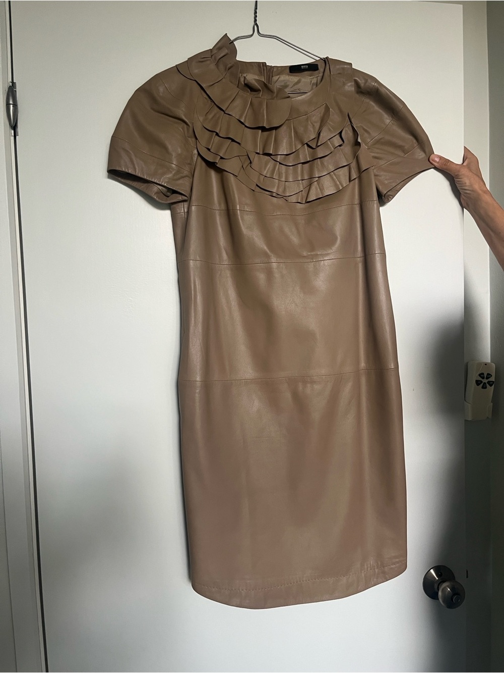 BOSS Taupe Ruffled Leather Short-Sleeve dress